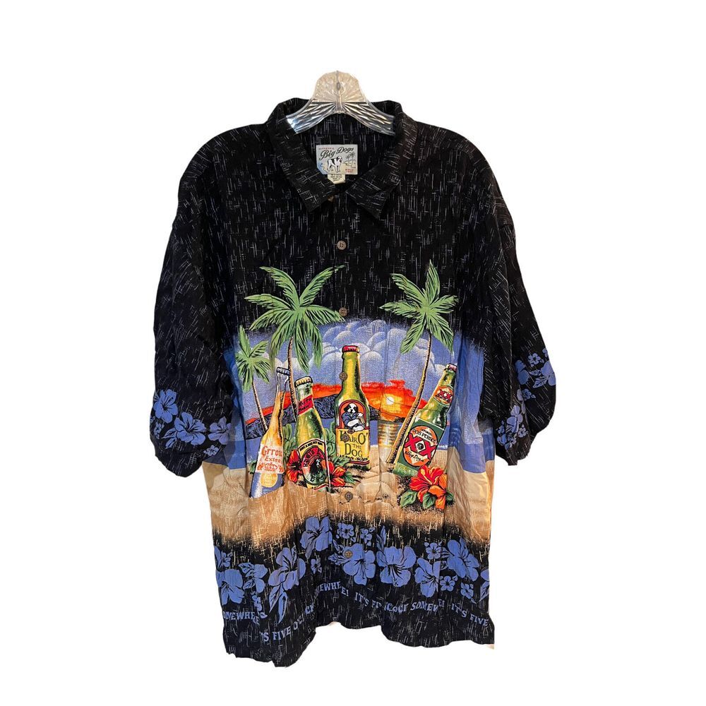 Big Dogs Men's Black Floral Hawaiian Beer Rayon Button Front Shirt Size 2X euc